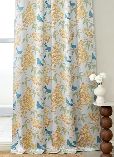Image of Tranquebar Curtain Co. Semi Blackout Curtains 5 Feet for Window, 80% Blackout, Blue Yellow Floral & Bird Print, Semi Blackout Window Curtains, Heavy Polyester, BackTabs, Veya (152 cm) - 1 Piece