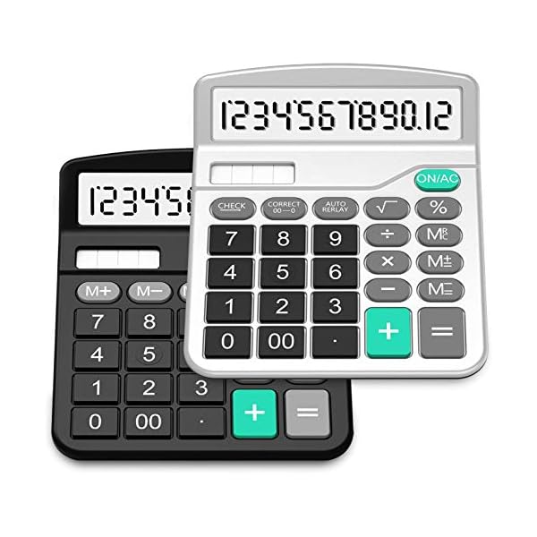 Calculator, Splaks 2 Pack Standard Functional Desktop Calculators Solar and AA Battery Dual Power Electronic Office Calculators with 12-Digit Large Display (1 Basic Black&1 Updated Silver)
