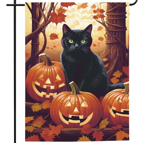 Image of Halloween Garden Flag 12x18 Inch Double Sided Black Cat Pumpkin Outdoor Yard Flag Fall Autumn Garden Decor