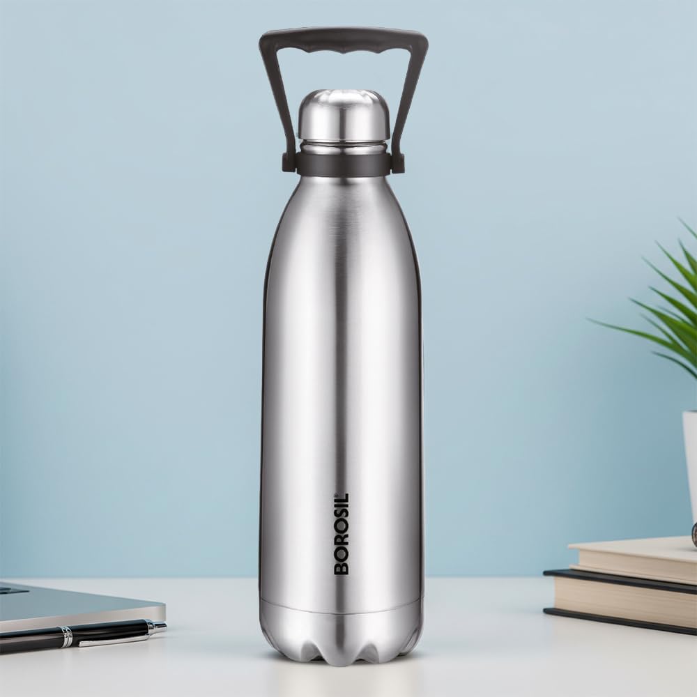 Borosil 2L Hydra Bolt Stainless Steel Water Bottle | Double Wall Vacuum Insulated Flask | 24 Hours Hot and Cold | Bottle for Office, Gym, School | 1 Year Warranty | Silver