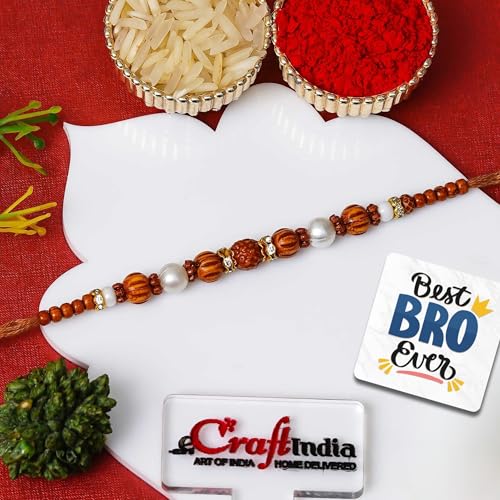 Image of eCraftIndia Pearls Beads Rudraksha Rakhi for Brother with Gift Combo Set Hamper | Raksha Bandhan Rakhi for Bhai Bhaiya | Best Bro Ever Fridge Magnet | Roli Chawal Pack