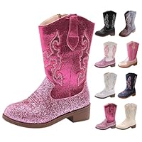 jieGorge Girls Glitter Cowboy Boots Western Mid Calf Embroidered PU Leather Cowgirl Boots with Zipper Anti-Slip Comfortable Party Birthday Dance Shoes for Toddler Little Big Kids