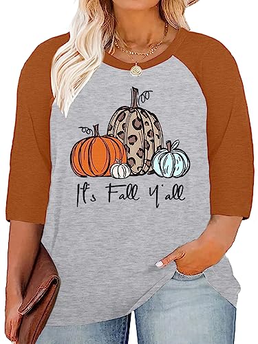 Plus Size Halloween Pumpkin Shirt Women 3/4 Sleeve Tops Its Fall Yall Print Tshirt Thanksgiving Gift