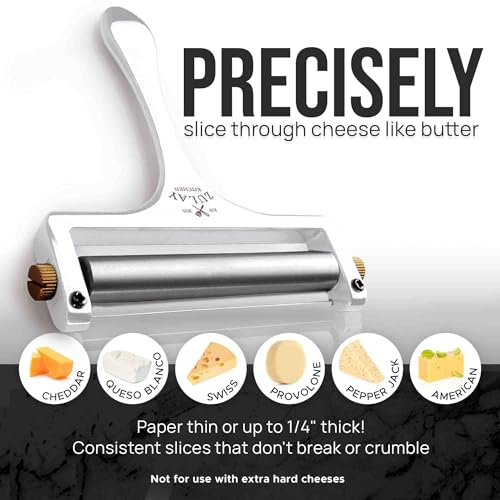 Image of Zulay Kitchen Stainless Steel Wire Cheese Slicer - Adjustable Hand Held Cheese Cutter with 2 Extra Wires - Premium Cheese Shaver For Mozzarella, Cheddar, Gruyere - Cheese Cutter with Wire (White)