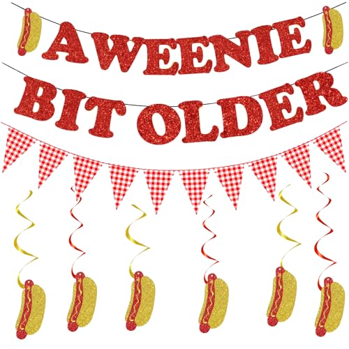 Hot Dog Themed Birthday Party Decorations A Weenie Bit Older Banner with Hanging Swirls for Hotdog BBQ Birthday Party Decor Supplies