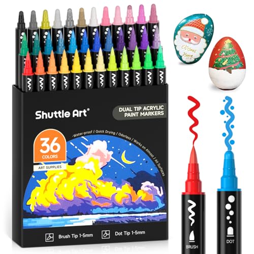 Image of Shuttle Art 36 Colors Dual Tip Acrylic Paint Markers, Brush Tip and Dot Tip Acrylic Paint Pens for Rock Painting, Ceramic, Wood, Canvas, Plastic, Glass, Stone, Calligraphy, Card, DIY Football Crafts
