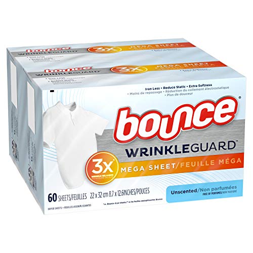Bounce WrinkleGuard Mega Dryer Sheets, Fabric Softener and Wrinkle Releaser Sheets, Unscented, 120