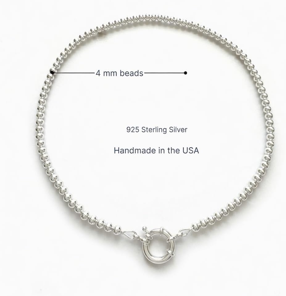 Sterling Silver 4 mm Hand Beaded Necklace with Large Front Clasp - Navajo Pearl Style Necklace for Women or Classic Polished Silver Choker Necklace, Southwestern Western Jewelry Handmade in the USA