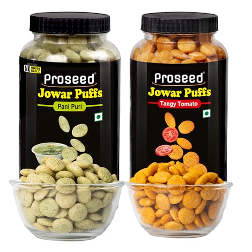 Image of Proseed Jowar Puffs (Pani Puri & Tangy Tomato) | 150g x 2 Packs (Total 300g) | Slow Roasted & 100% Veg | No Refined Flour, Sugar & Trans-Fat | Gluten Free | No Palm Oil | Healthy Millet Snacks