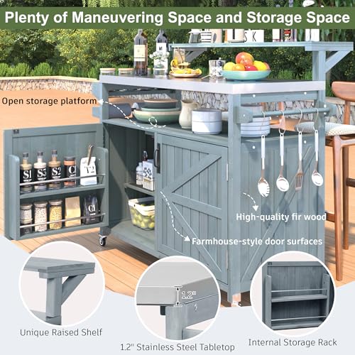 Image of Merax Portable Outdoor Table with Stainless Steel Top for Kitchen Prep, Outdoor Storage Cabinet for Grilling Accessories, Grey Blue