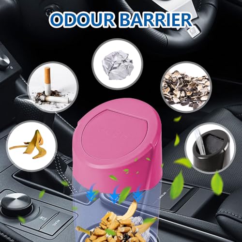Image of Hovom Mini Car Trash Can with Lid, Portable Garbage Can for Car, Leakproof Cup Holder Automotive Garbage Bin with 2 Rolls of Trash Bags, Small Trash Storage Can for Car Home Office(Rose Red)