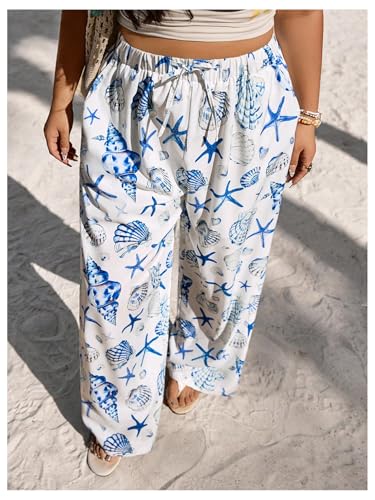 MakeMeChic Women's Plus Size Beach Starfish Seashell Print Pants Wide Leg Trousers4