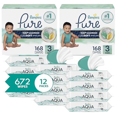 Image of Pampers Pure Protection Disposable Baby Diapers Size 3, 2 Month Supply (2 x 168 Count) with Aqua Pure Sensitive Baby Wipes, 12X Pop-Top Packs (672 Count)