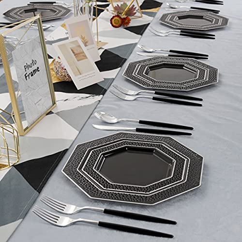 Wellife 150Pcs Black Plastic Plates With Disposable Silverware,Silver Cutlery With Black Handle, Perfect For Party, Includes:30 Dinner Plates, 30 Dessert Plates, 90 Black Cutlery #TOP4