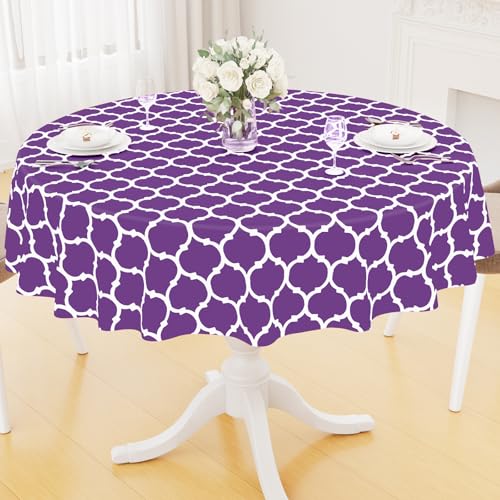 Image of Smiry Round Table Cloth, Flannel Backed Vinyl Tablecloth, 60 inch Round | Waterproof Plastic Tablecloths, Wipeable Table Cover for Dining, Indoor and Outdoor (Purple)