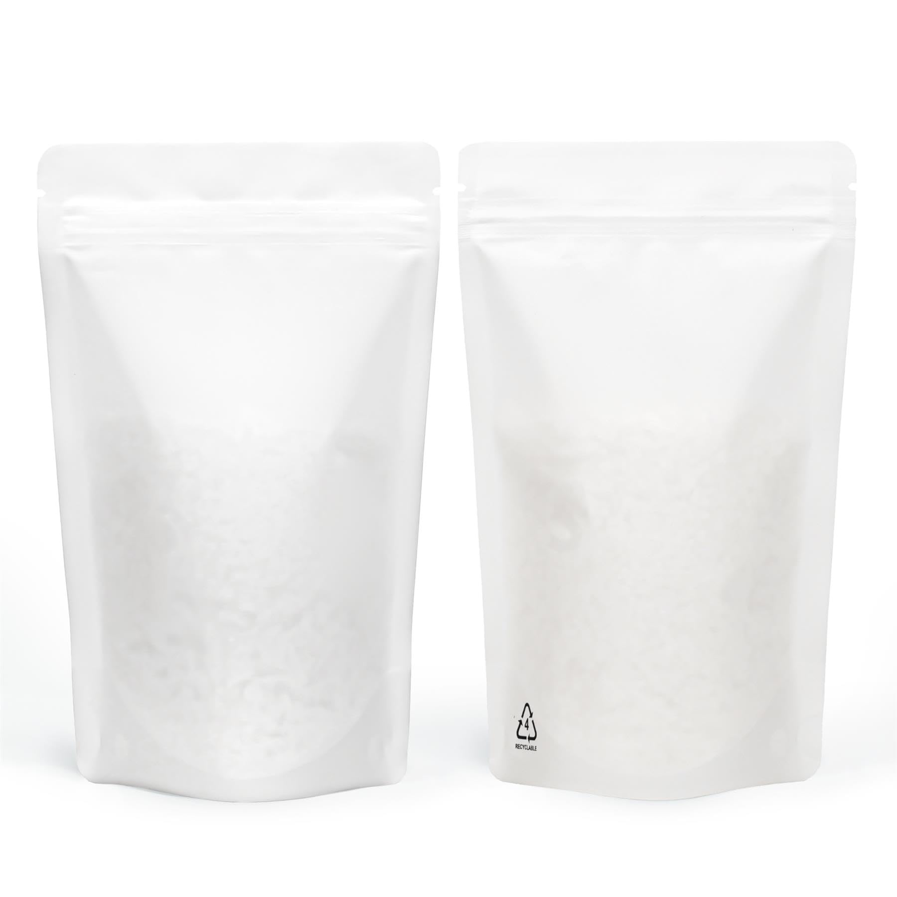 RIGHTPAK Recyclable White Matt Pouches 100 Pcs 190x260mm Heat Sealable Stand Up Pouch Bags for Food Packaging with Zipper and Tear Notch