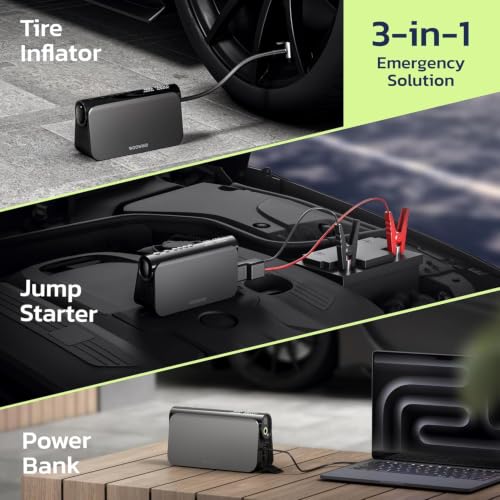 Image of Woowind Jump Starter with Air Compressor 3-in-1 Car Battery Booster, 65W Power Bank, 150 PSI Portable Tire Inflator for 6.0L Gas, 3.0L Diesel Engines, 16000mAh Battery Booster with LED Light