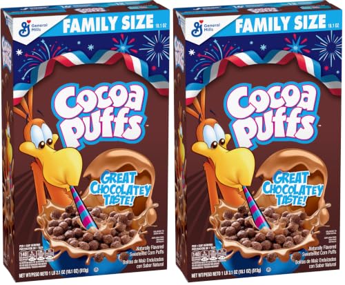 Image of Cocoa Puffs, Chocolatey Breakfast Cereal, Made with Whole Grain, Family Size, 18.1 oz (Pack of 2)