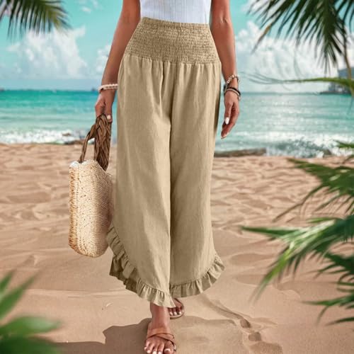 Hiking Pants Women Wide Leg Pants Woman Casual Smocked High Waist Flowy Ruffle Hem Capris Beach Vacation Boho Trousers Khaki2