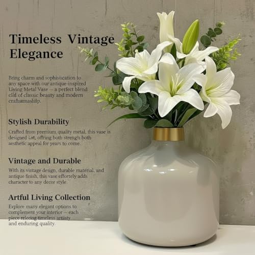 Image of Artful Living India - Round Metal Flower Vase | Round Vintage Vase for Living Room, Table, Office Decoration & Home Decor | Antique Decorative Metal Vase (Cool Grey)