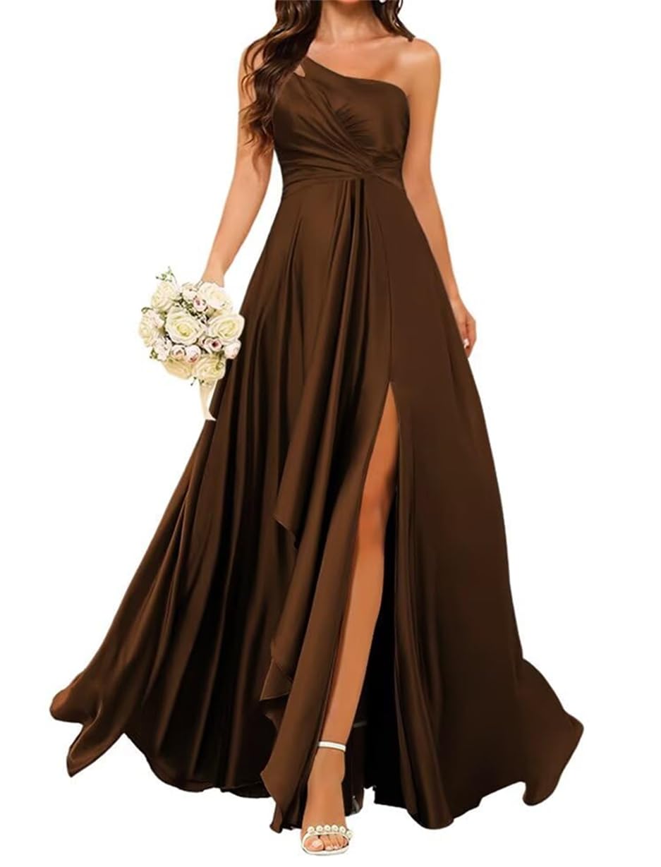 Wseyu Women's Brown Princess Bridesmaid Dresses One Shoulder Prom Dresses Satin Formal Evening Party Maxi Gown With Slit Zm246 Uk10