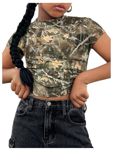 Girl's Camo Crop Tight Shirts Branch Print Short Sleeve Slim Fitted T-Shirt