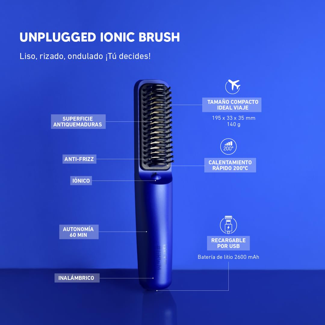 Beter - Spazzola termica lisciante, Spazzola ionica senza fili GRWM, Piastra per capelli professionale, 200°C, Riscaldamento rapido, Protezione antiscottatura, Anticrespo, Ricarica USB, Blu