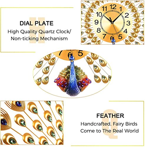 Image of TRENDING Large Luxury Crystal Peacock Wall Clock Silent Non-Ticking,3D Peacock Design Modern Art Clock Home Decorative Big Wall Clocks for Living Room Bedroom Dining Room (Peacock-Royal Gold)