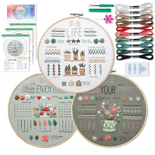 QUANMAITONG Sticken Set Erwachsene,Blumenmuster Pflanzen Stickset für Anfänger Embroidery Kit Stickerei Set, Stick And Poke Set Stickbilder Erwachsene Stickrahmen Holz DIY Set, Kreuzstich Set