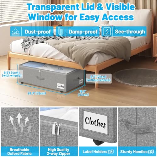 Image of Under Bed Storage with Wheels, 2-Pack 10 inch Height XXL 75L Rolling Storage Bins, Quick Assembly Underbed Shoe Storage Containers with Clear Lid & Label, Dorm Under Bed Drawers for Clothes, Shoes, Black