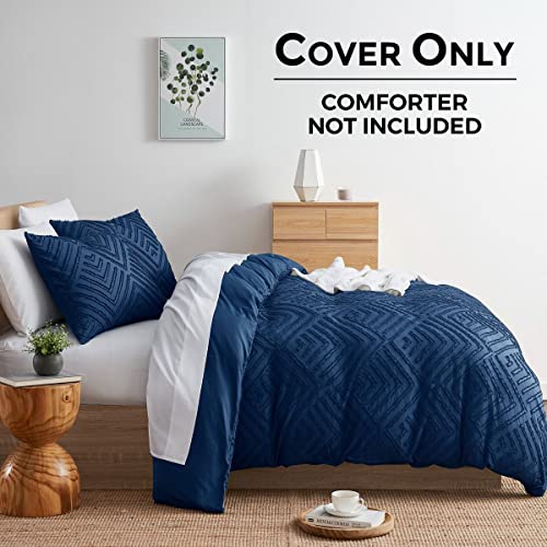 Image of Nestl Boho Duvet Cover Queen - Boho Bedding Sets & Collections, Textured Queen Duvet Cover Set, 3 Piece Tufted Navy Duvet Cover w /Zipper Closure, 1 Queen Size Duvet Cover 90x90 Inch & 2 Pillow Shams