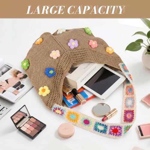 Image of PALAY Tote Bag for Woman Crochet Mesh Beach Shoulder Bags with Flower Brooch Summer Vacation Knitted Bag for Women Shoulder