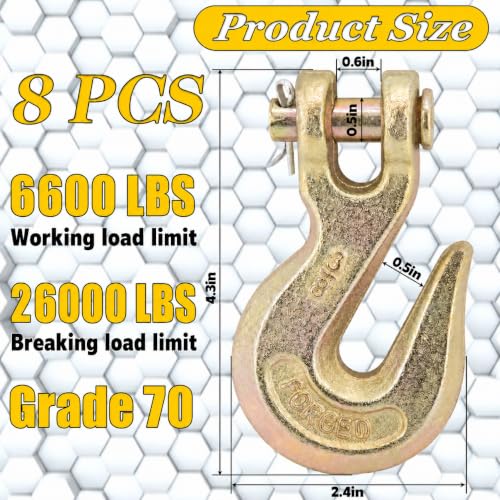 Image of 3 /8 inch Clevis Grab Hooks (Set of 8) Heavy Duty Chain Hook for Truck Trailer, Grade 70 Chain Forged Alloy Steel Chain Hook for Trailer Truck Transport - 6,600 LBS Capacity