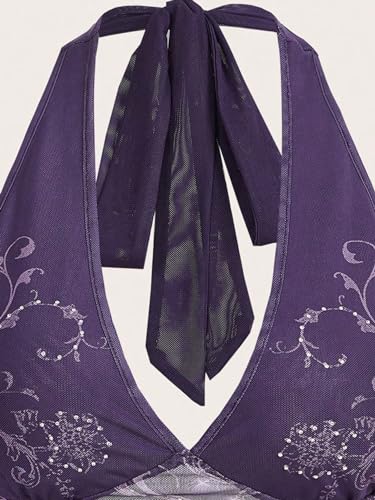 COZYEASE Women's Y2K Sheer Mesh Tie Back Halter Top Floral Print Rhinestone Cami Tops Backless Crop Tee4