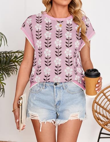 Image of ZESICA Women's Summer Trendy Knit Top 2026 Floral Print Short Sleeve Crewneck Loose Fit Sweater Vest Going Out Clothes