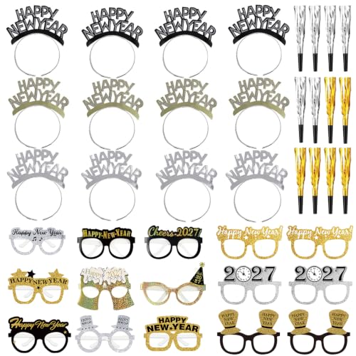 Tawecrew 42 Pieces New Years Eve Party Supplies 2027,Happy New Year Headband Tiara, New Year Glasses,Metallic Fringed Noise Makers New Years Party Favors
