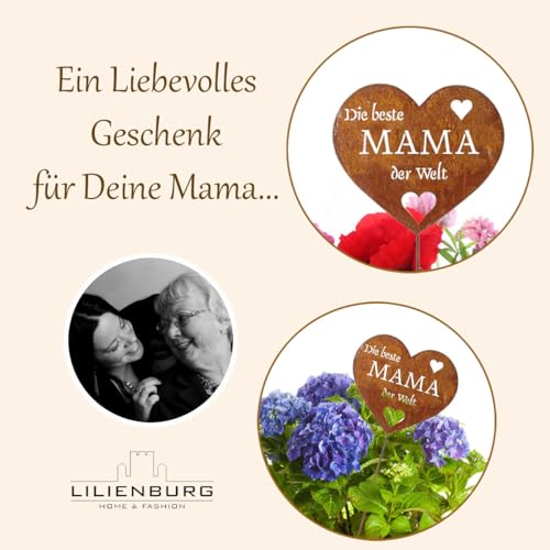 LB H&F Rostherz Muttertag Muttertagsgeschenk Geburtstag Gartenstecker Blumenstecker Geschenk Mutter Gartenfigur Herz - Die Beste Mama der Welt - 33cm (Mama)