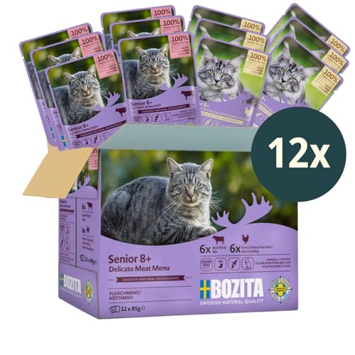 Bozita Nassfutter Senior 8+ Multibox - Häppchen in Sauce mit Fleisch - 12x85g Portionsbeutel getreidefreies & weizenfreies Mixpack - Katzenfutter mit 8,5% Protein & 4,5% Fett