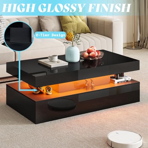 Amerlife CCT028+CCT027-1061110361N+1061110358N High Gloss 3 Pieces Living Room Table Set, Modern Led Coffee Table Sets Of 3, 2-Tier Center Table With 2 End Side Tables, Led Lights Bedside Table Nightstands With Charging Station, Black thumb #2