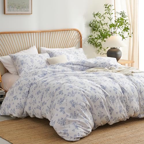 Image of Nayoroom Blue Floral Duvet Cover Full Size Cottagecore Flower Leaf Spring Comforter Cover 3 Pcs Soft Breathable Microfiber Pastoral Aesthetic Bedding Set with Zipper Closure