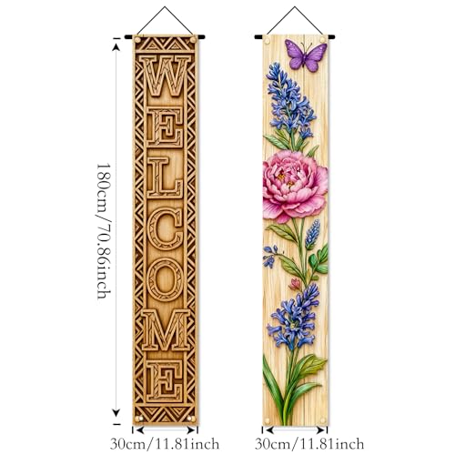 Image of Nuxovilar Welcome Peony Butterfly Porch Banners 12x70 Inches Polyester | Spring Porch Sign, Hanging Decor Floral welcome Banner, Peony Wreath Accent Garden, Porch, Patio (Welcome Peony)