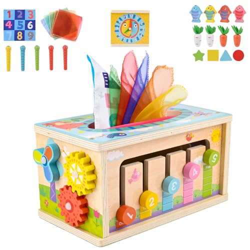 ZWOOS Montessori Spielzeug ab 6 Monate, 6-In-1 Tücherbox Baby, Motorikwürfel Holzspielzeug 6-12 Monate Jungen Mädchen, Motorikspielzeug für Kinder 1-3, Baby Geschenk