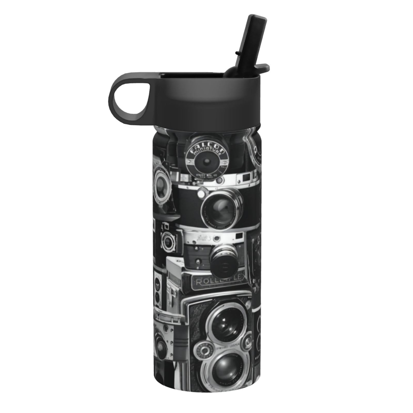 Retro Cool Camera Collection Bedruckte Sport-Trinkflasche, isoliert, Reisebecher, Sport, Fitness, 530 ml