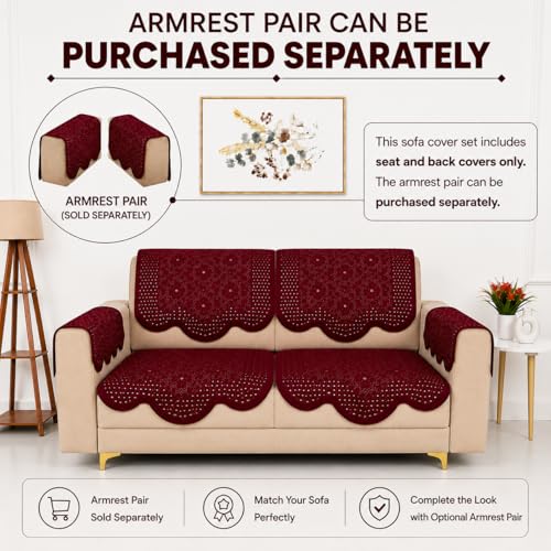 Image of Homerz Premium 'Surya Series' Sofa Cover | Stylish Sofa Protector | Net Fabric | Anti-Stain & Washable Slip Cover Exact Size Antislip (Flower Valley Maroon, 2 Seater, Seat Cover with Backrest)