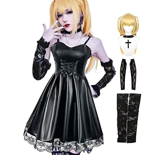 EROOLU Misa Amane Cosplay Women's Goth Lolita Cosplay Costume Cute Sexy Black Dress Misa Cosplay Outfit Set (With wig, XS)
