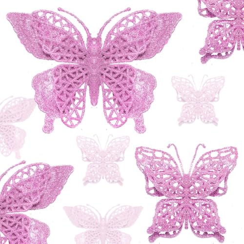 16 PCS Glitter Hollow Butterfly Ornaments, 2 Styles with Clips, Artificial Butterfly Decorations for Christmas Tree, Holiday Crafts - Purple