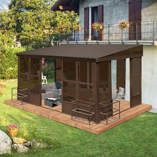 Domi 10x12FT Sunroom, Wall Mounted Sunroom Kit with Galvanized Steel Sloping Roof, Outdoor Sunroom Gazebo with Detachable PC Screen, 3 Sliding Double Doors, Lean to Sun Room for Patio, Deck