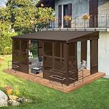 Domi 10x12FT Sunroom, Wall Mounted Sunroom Kit with Galvanized Steel Sloping Roof, Outdoor Sunroom Gazebo with Detachable PC Screen, 3 Sliding Double Doors, Lean to Sun Room for Patio, Deck