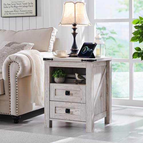 RedLemon-Farmhouse-Nightstand-with-Charging-Station-Rustic-18-Inch-End-Table-with-2-Storage-Drawers-and-Open-Shelf-Wood-Sofa-Side-Table-for-Bedroom-Living-Room-Antique-Brush-White RedLemon Farmhouse Nightstand with Charging Station Rustic 18 Inch End Table with 2 Storage Drawers and Open Shelf Wood Sofa Side Table for Bedroom Living Room Antique Brush White