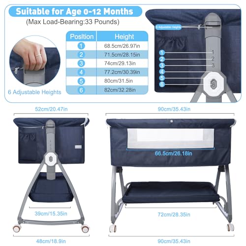 nujett Baby Bedside Bassinet, B aby Bassinet for Newborn, Bedside Crib Sleeper with Storage Basket and 4 Auto-Lock Wheels, Adjustable Height Bassinet Bedside Sleeper for Baby (Navy Blue)